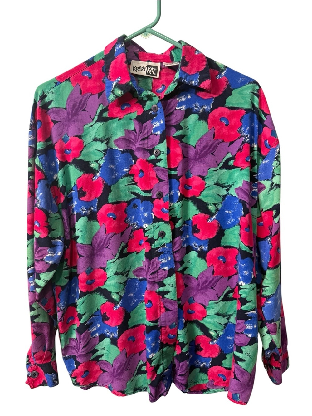 Women’s Vintage Krazy Kat long sleeve floral button up blouse EUC Size Large